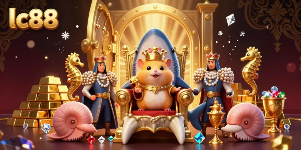 Experience exciting gameplay at lc88, featuring a fierce golden hamster king amidst riches and treasure.