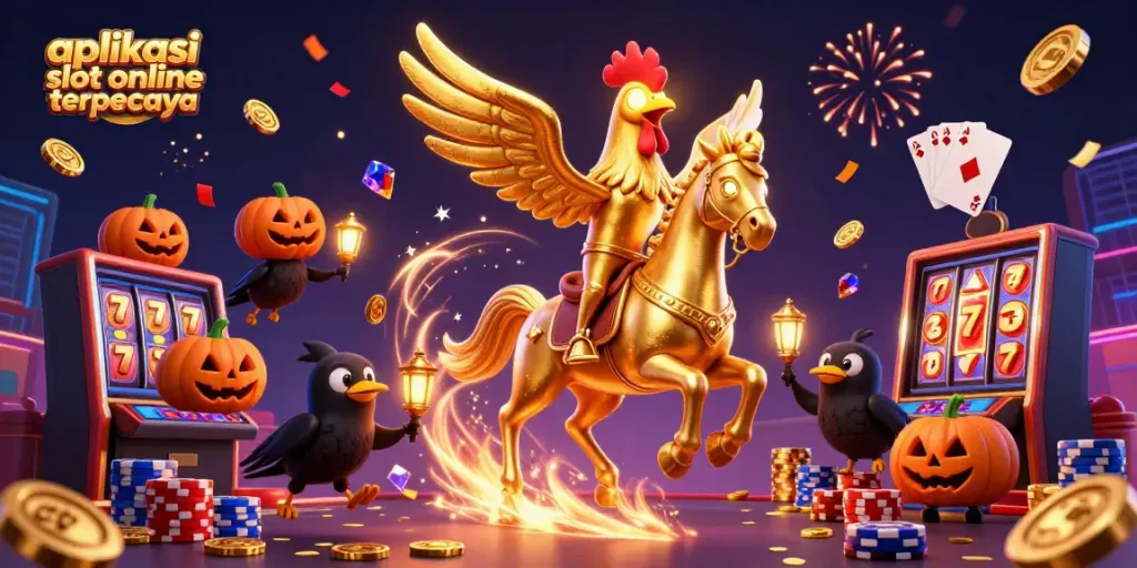 Engage with aplikasi slot online terpercaya in a vibrant casino scene with golden coins and festive elements.
