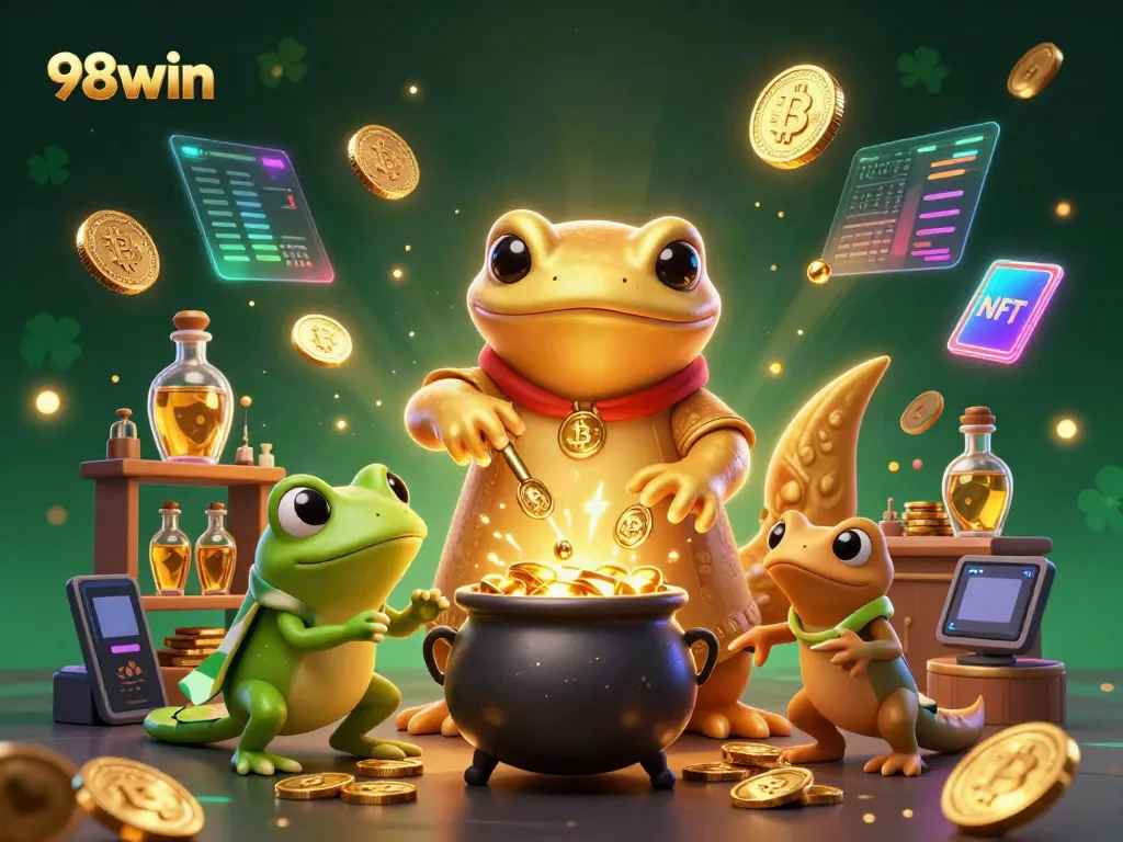 Experience the magic of 98win as the alchemist transforms base metals into gold coins amidst vibrant 3D elements.