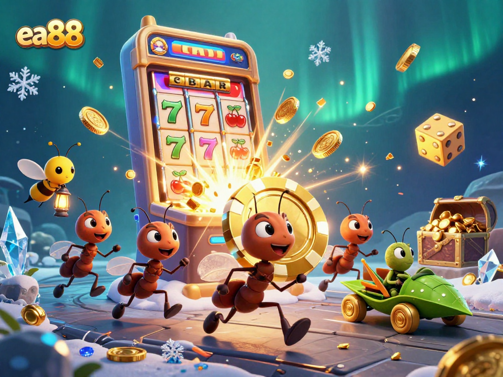 ea88 ants on a heist with golden poker chips amid vibrant casino elements