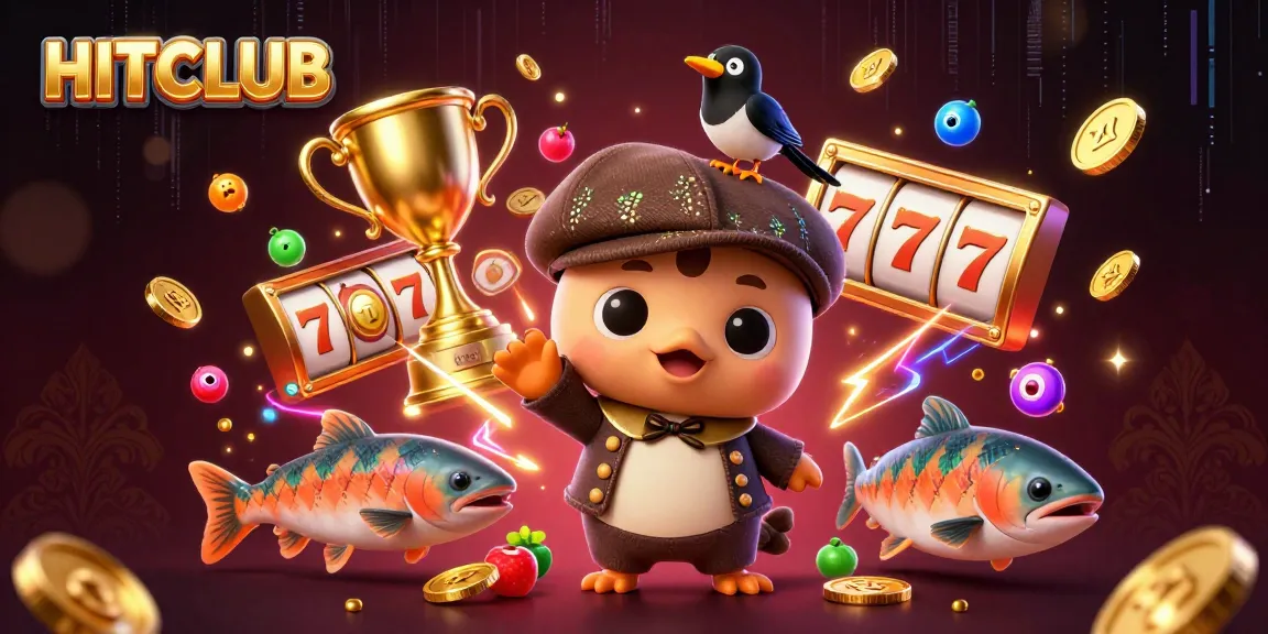 Experience HITCLUB's thrilling fun with a vibrant 3D illustration of a playful Loch Ness monster and a magpie in a gaming paradise.