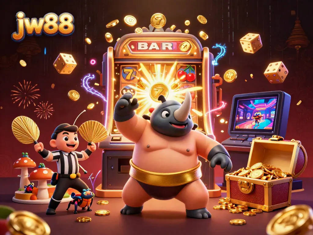 Experience the vibrant world of jw88 with a sumo beetle champion amidst dynamic casino elements.
