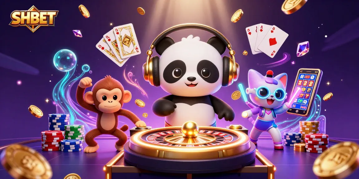 Spin to win at SHBET with a lively DJ panda and friends amidst sparkling casino treasures!