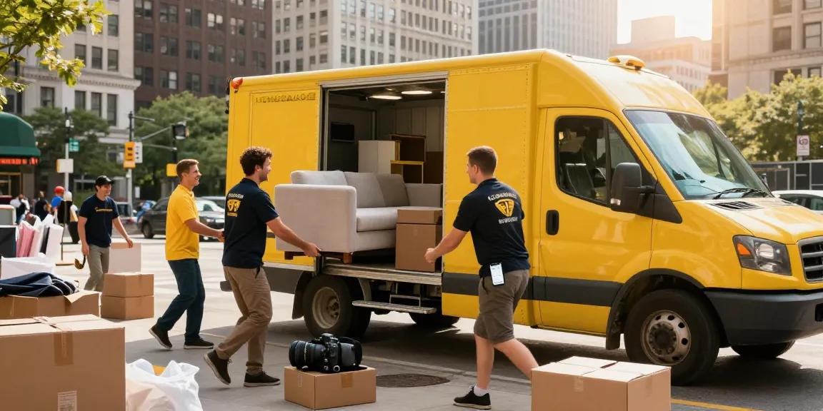 Chicago moving company movers loading a bright yellow truck with furniture and boxes in a bustling urban setting.