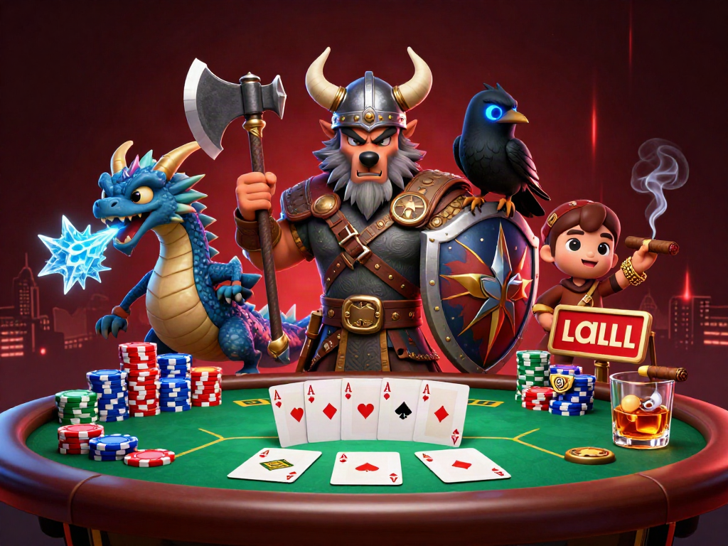 Engage in thrilling poker action with 98win's vibrant Viking warrior, dragon, and raven illustration.