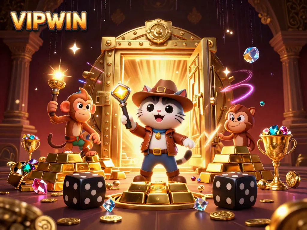 Experience thrilling wins at VIPWIN with a cartoon explorer uncovering a casino treasure.
