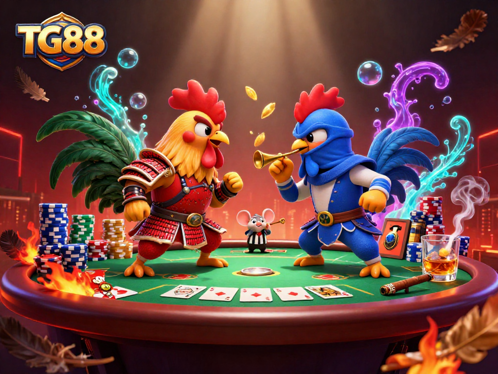 Engage in thrilling roosters’ clash at TG88 with poker action and vibrant casino elements.