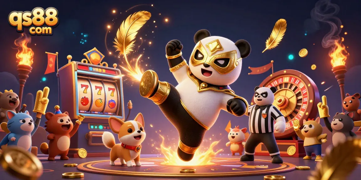 Experience the thrill of qs88 com's slot games with animated characters in a lively casino scene.