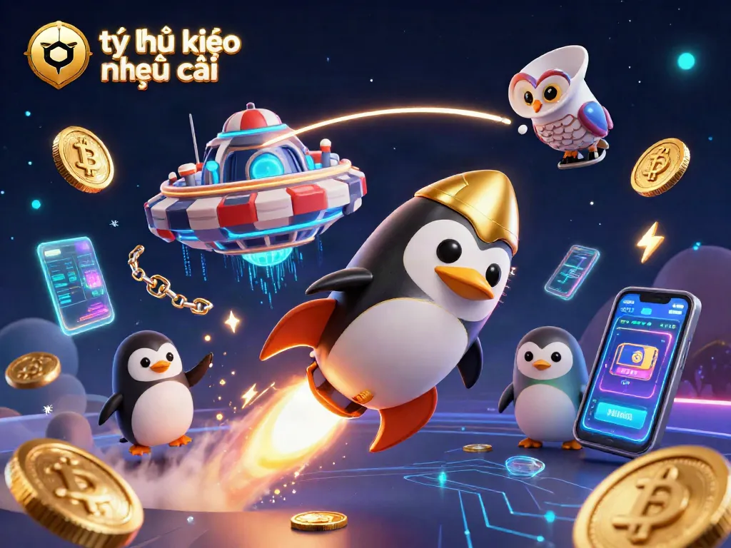 Bet on tỷ lệ kèo nhà cái with a vibrant 3D illustration of a rocket-powered penguin and crypto elements.