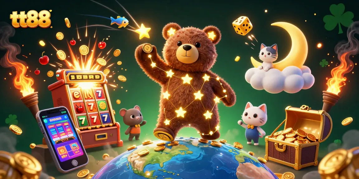 Engage with tt88's vibrant gaming atmosphere as the constellation bear collects coins amidst bursting jackpots.