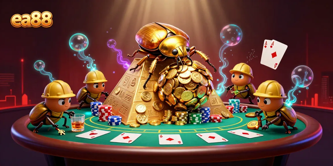 Experience thrilling wins at ea88 with a vibrant 3D casino scene full of gaming excitement with beetles and chips.