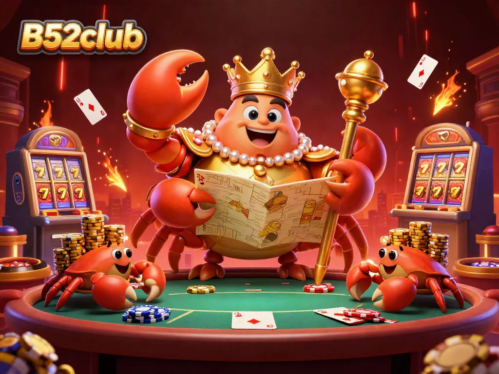 Engage with B52club's thrilling casino ambiance, featuring a golden crab emperor with poker elements