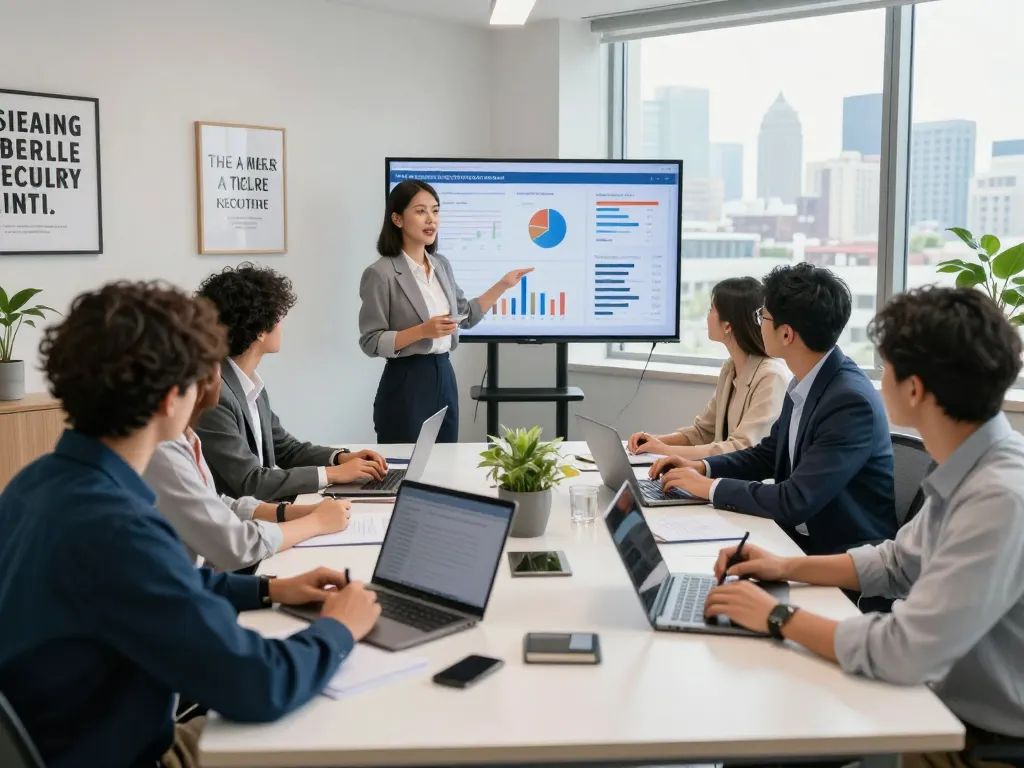 Diverse team strategizing in modern office for search firms with data analytics presentation.
