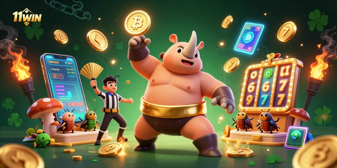 Experience thrilling gameplay with 11WIN in a vibrant sumo match featuring crypto coins and slot reels.