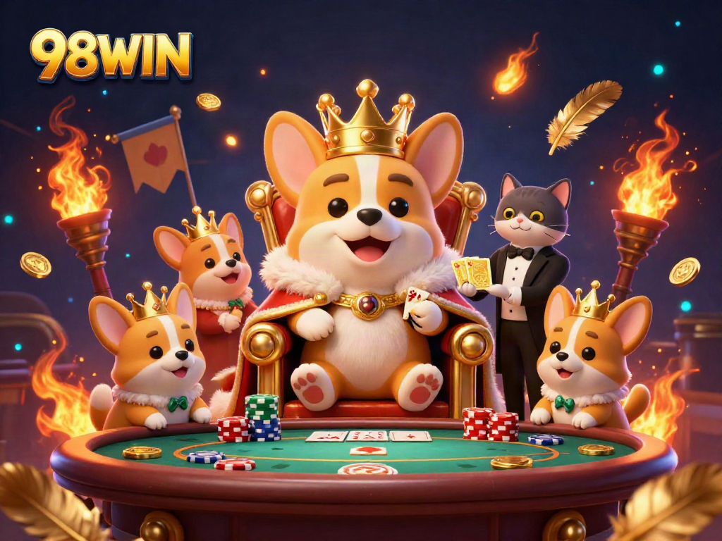 Join the royal poker game with 98WIN while the corgi reigns over a colorful casino scene.