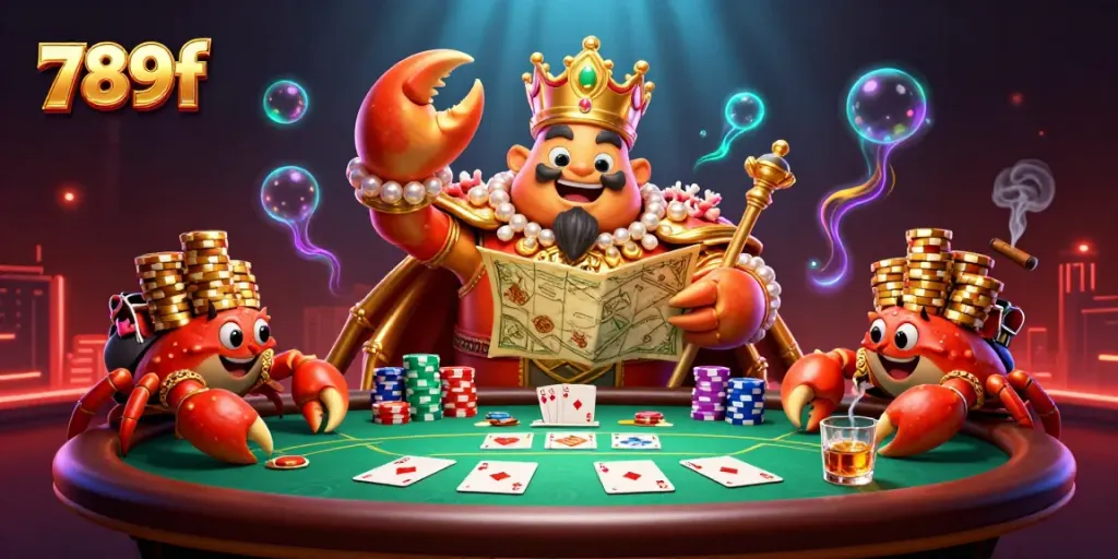 Experience the thrilling gameplay at 789f’s casino with a unique poker scene featuring a crab emperor.