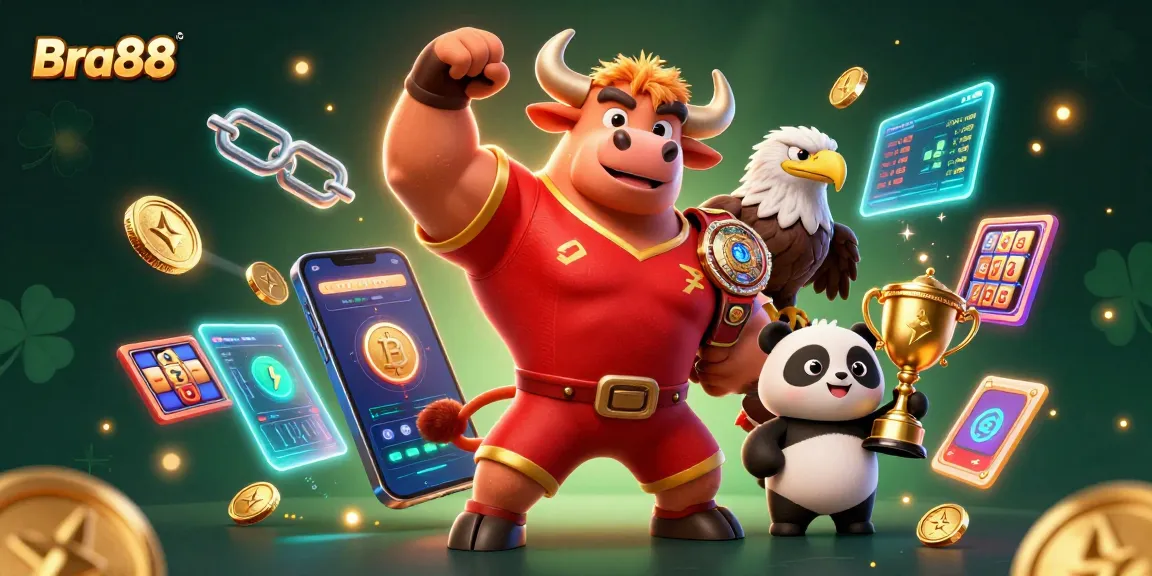 Enhance your wins with Bra88: 3D bull triumphs with crypto coins and vibrant slot game elements.
