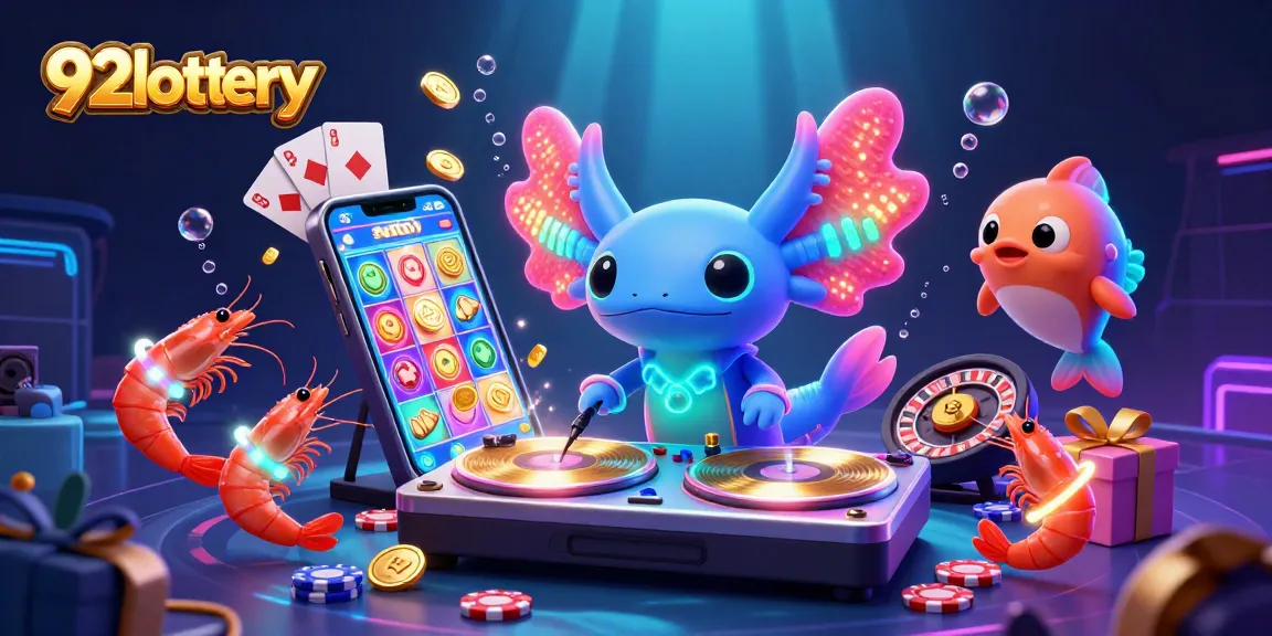 Engage with 92lottery's vibrant gaming scene featuring a neon axolotl DJ and lively casino elements.