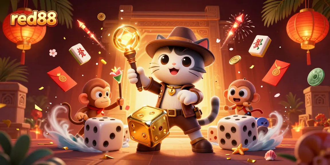 Experience the thrill of red88 as a cat explorer uncovers casino treasures in a vibrant, animated scene.