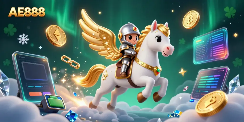 Experience the thrilling gameplay at AE888 with our vibrant 3D illustration showcasing a fantastical knight and horse amidst glowing cryptocurrency elements.