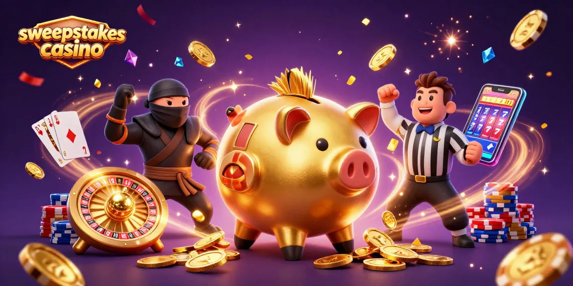 Engage in the thrilling sweepstakes casino experience with a dynamic 3D illustration of characters and casino elements.
