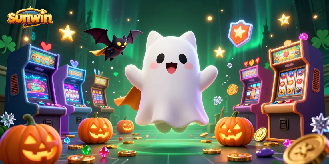 Experience thrilling gaming at sunwin with a dynamic illustration of a ghost cat, vampire bat, and glowing slot machines.