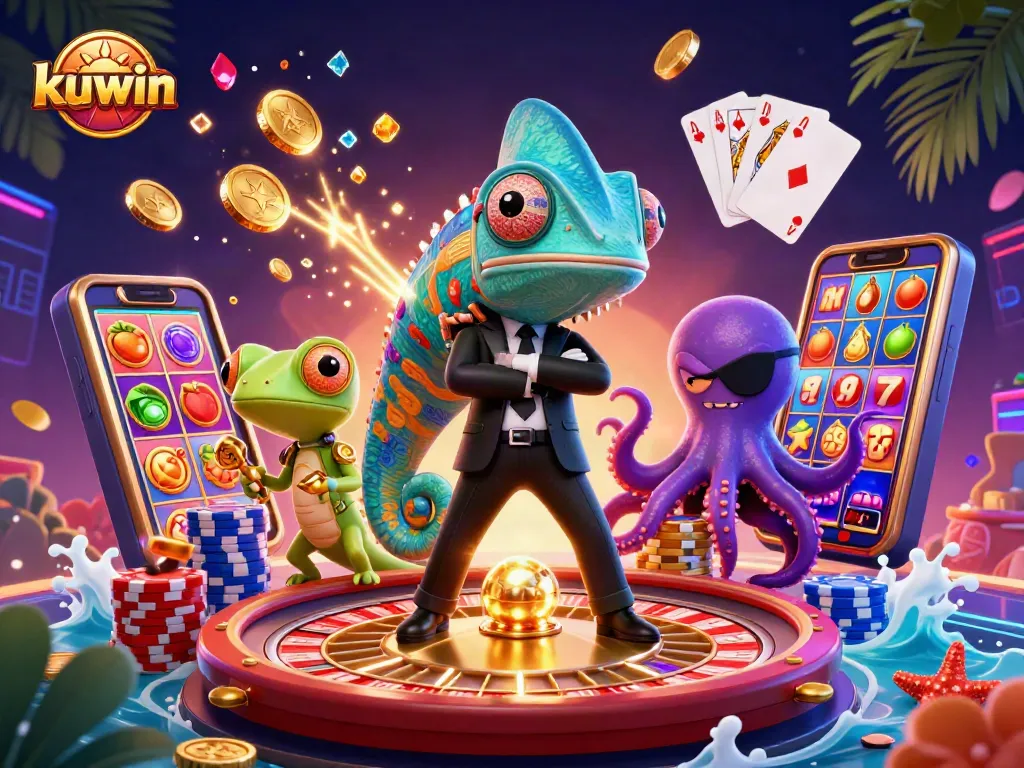 Kuwin slots showcase with colorful chameleon, gecko, and octopus entertaining gamblers and inviting luck.