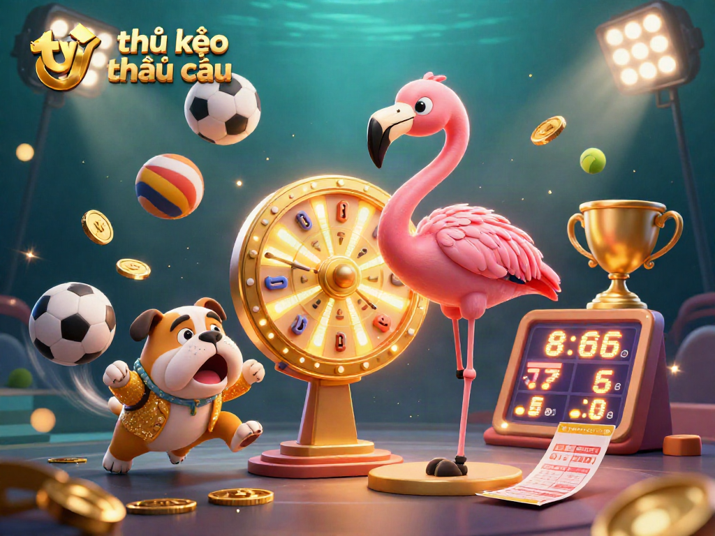 Engage in sports betting excitement with tỷ lệ kèo nhà cái showcased in a vibrant illustrated scene of a game show host and characters.
