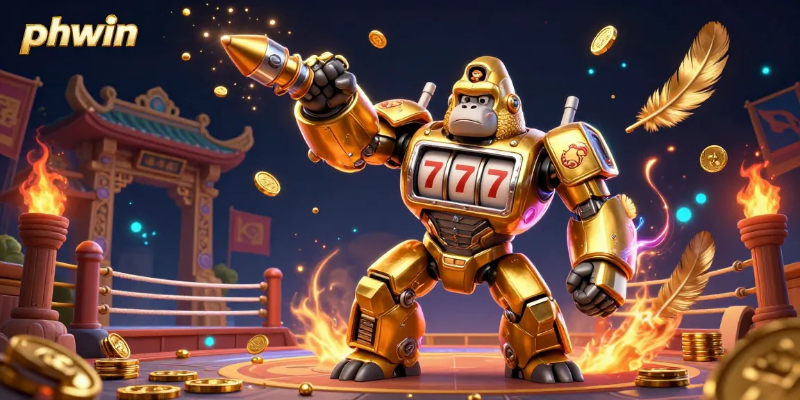 Engage with phwin's dynamic gaming universe featuring a golden gorilla mech and exciting casino elements.