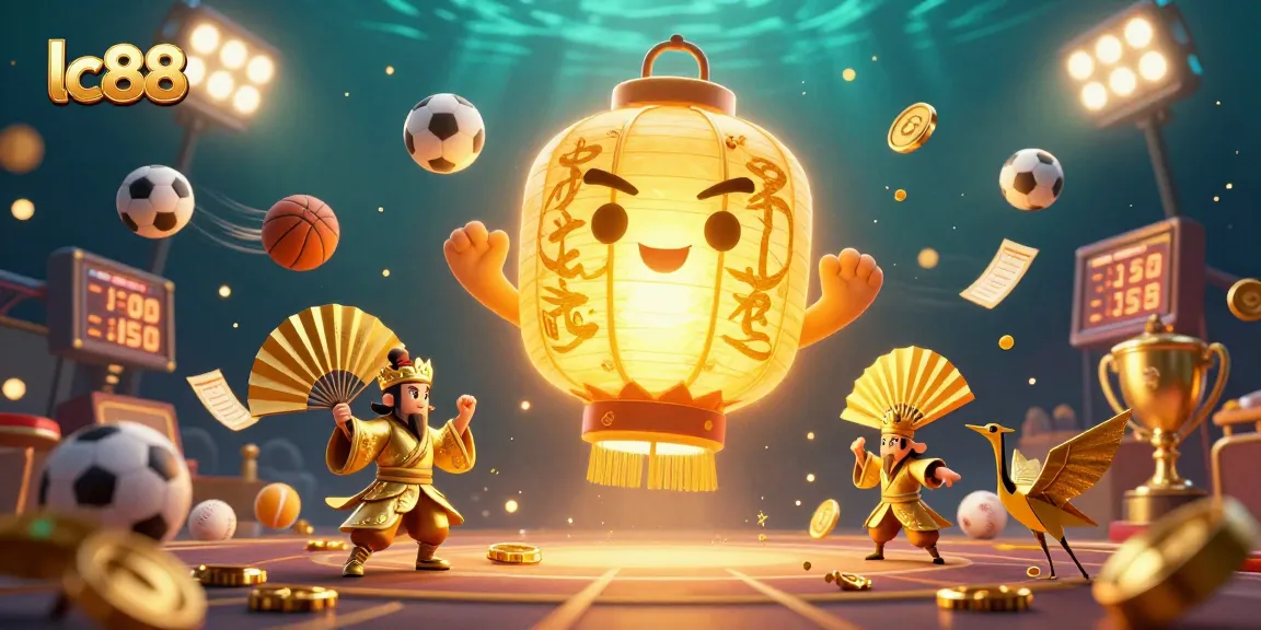 Engage with lc88's thrilling casino experience featuring golden symbols, sports elements, and dynamic lighting.