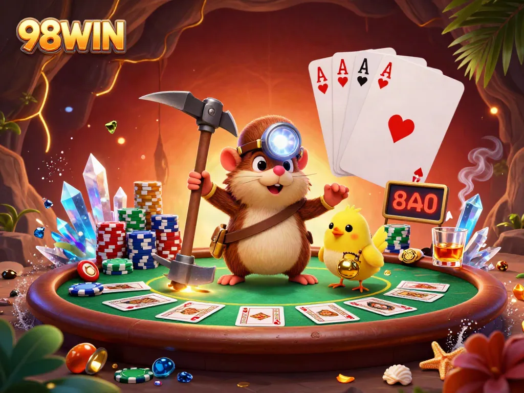 Join the excitement at 98WIN as treasure hunters explore a vibrant casino cave packed with poker and riches.