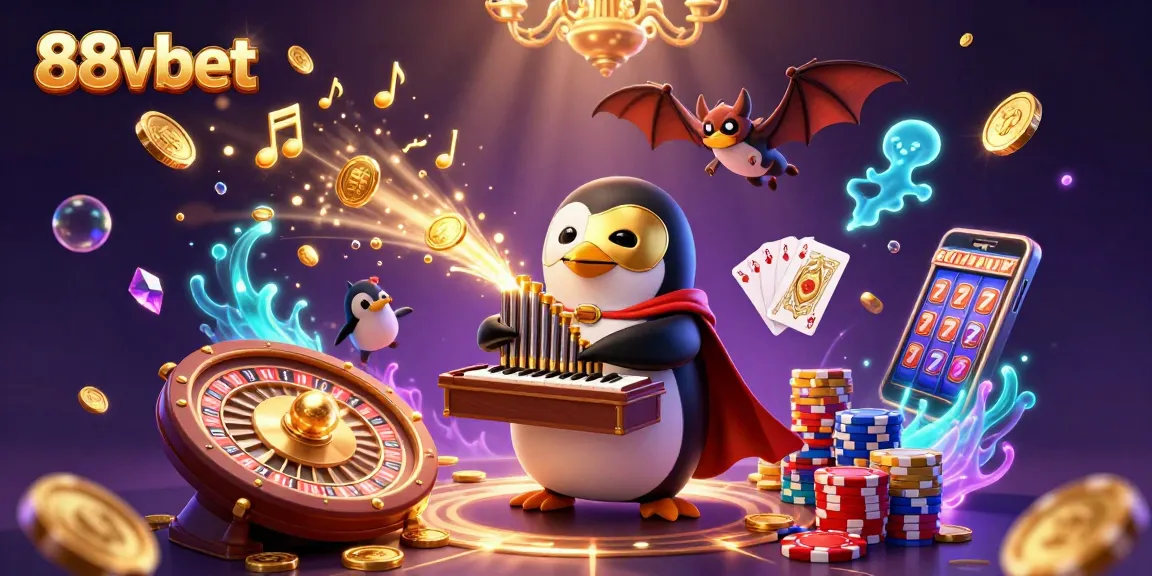 Join the excitement of 88vbet with a vibrant casino illustration featuring a 3D penguin playing for glory!