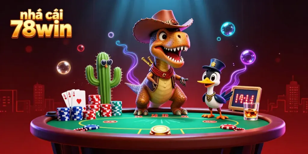 Interact with exhilarating gaming at nhà cái 78win, featuring a colorful dinosaur in a casino setting.