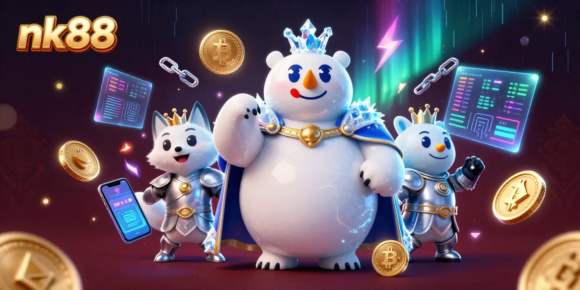 Win big at nk88 with vibrant 3D characters in a casino-themed digital illustration.