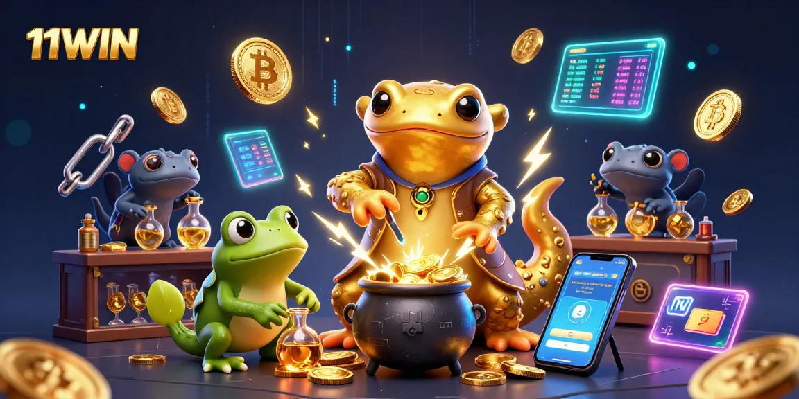 Experience winning with 11WIN in a vibrant 3D casino scene filled with dynamic crypto elements.