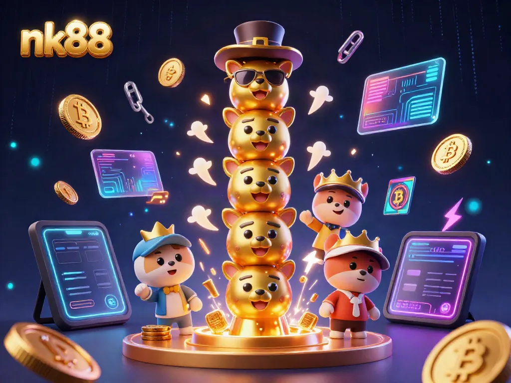 Engage with nk88's energetic casino world featuring a totem and crypto coins in a vibrant scene.