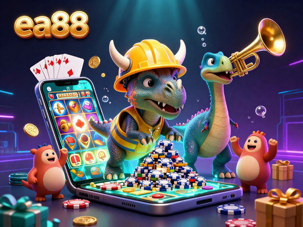 ea88 brings excitement, celebrating with a triceratops building poker chips and vibrant casino elements.