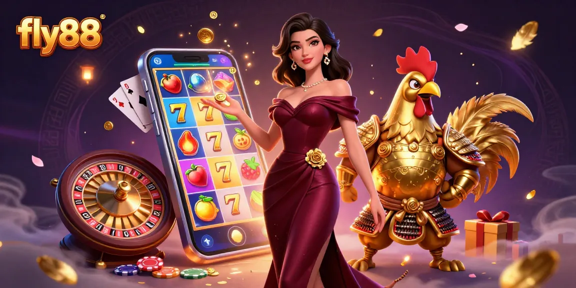 Play thrilling games at fly88 with a glamorous woman and a golden rooster warrior amid vibrant casino elements.
