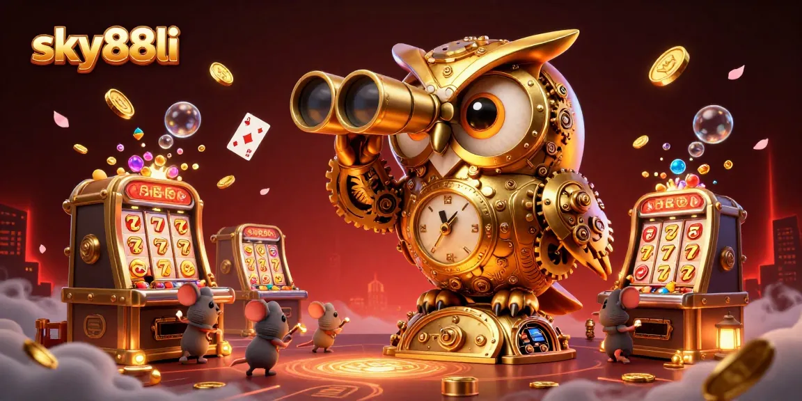 Engaging scene featuring sky88li's enchanting gaming experience with a golden owl and mouse patrons enjoying casino delights.