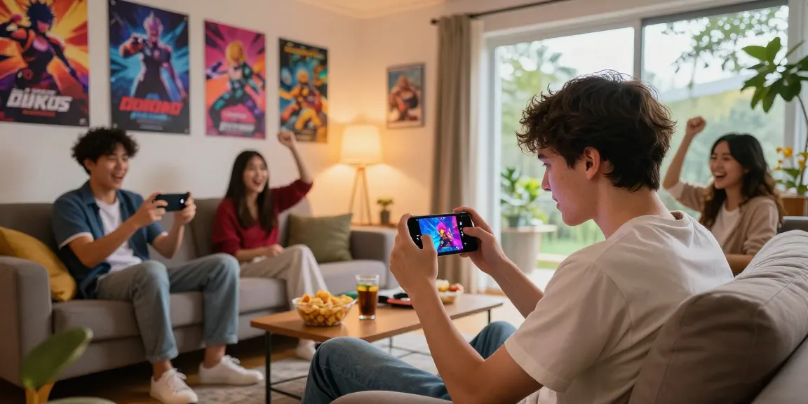 Playing mobile hentai games in a cozy living room with friends, vibrant atmosphere.