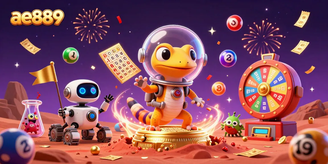 A 3D Martian gecko at a buried casino in Mars sand, showcasing ae889's thrilling lottery elements.