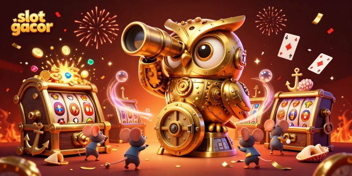 Experience the thrill of slot gacor with an enchanting scene of a clockwork owl and lively patrons among slot machines.