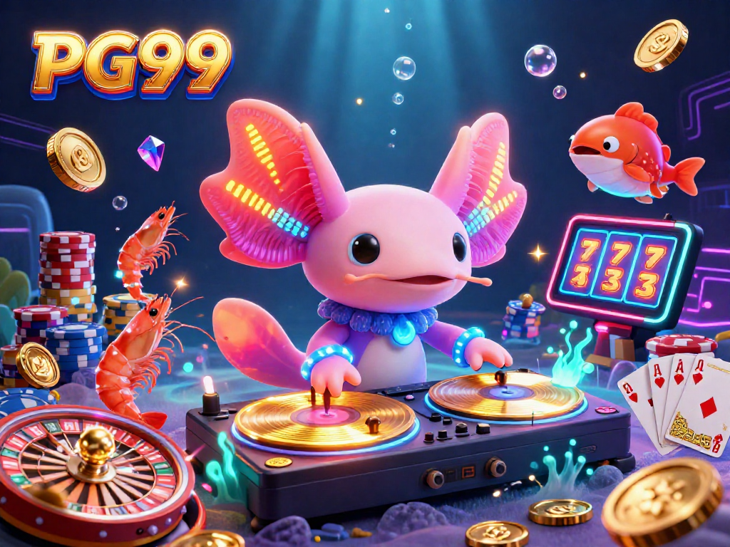 Experience the thrill of PG99 at this vibrant casino scene filled with a DJ axolotl and exciting game elements.