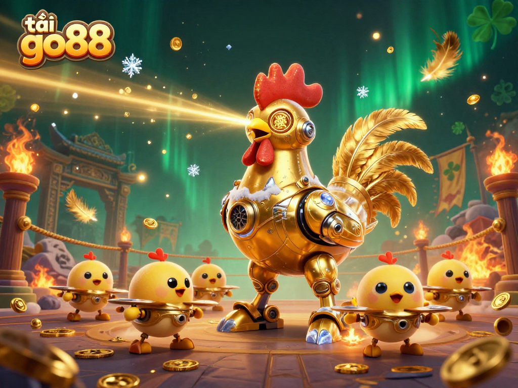 Engage in action with tải go88 as a golden rooster robot and chick drones illuminate the casino scene.