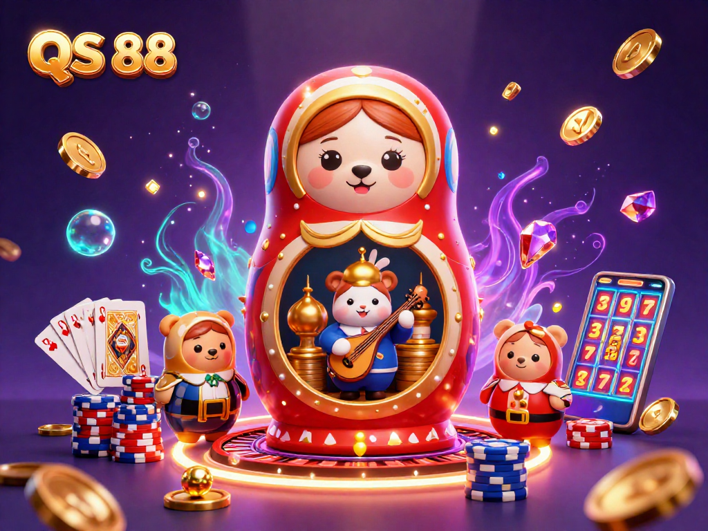 Engaging QS 88 casino experience captured with festive bears, coins, roulette, and vibrant colors.