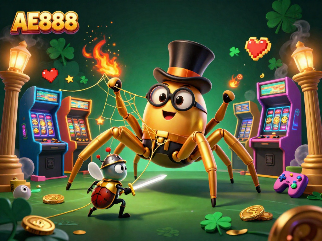Engage with AE888's vibrant casino illustration featuring characters and game elements in a lively atmosphere.