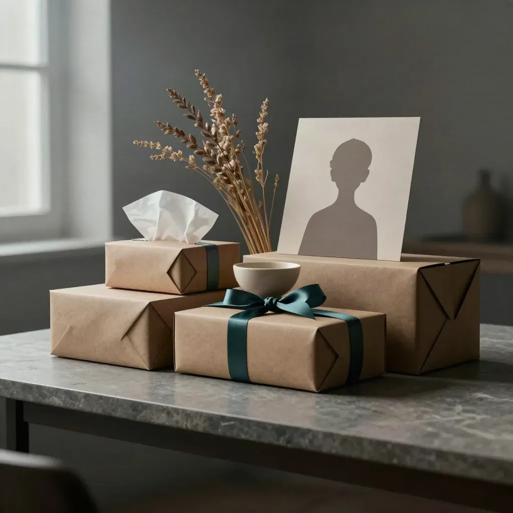 Kraft gift box set with ribbon, stems, and bowl on stone in dramatic studio light.