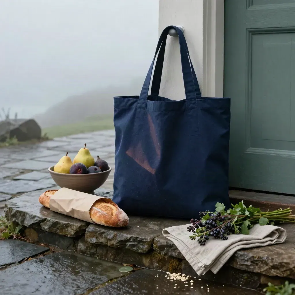 Navy canvas market tote with bread, fruit bowl, linen, and herbs on a wet stone threshold.