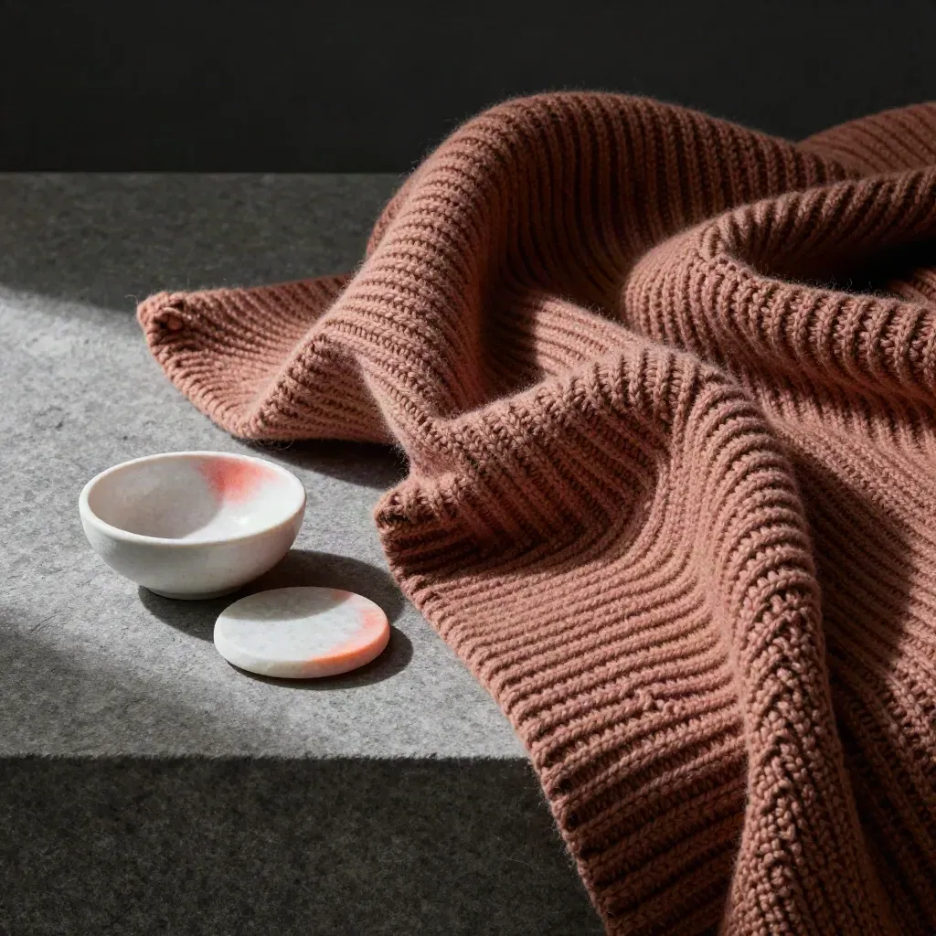 Cedar knit throw cresting over limestone with bowl and stone coaster, dust in raking light