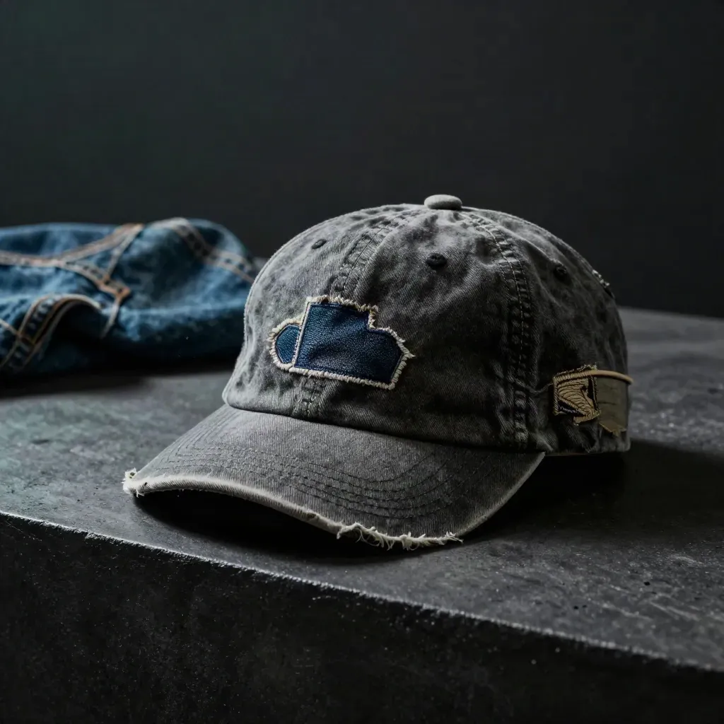 Vintage patch cap on a concrete step with a denim sleeve, lit dramatically in cool teal shadow.